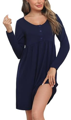Bresdk Stillnachthemd Damen Langarm Umstandsnachthemd mit Knöpfen | Praktischer Henley-Ausschnitt mit funktioneller Knopfleiste ermöglicht schnelles und diskretes Stillen im Alltag