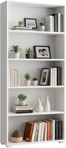 CASARIA Bücherregal 5 Fächer | Holz, 190x60x28cm, Höhenverstellbare Böden, Büro, Wohnzimmer, MDF, Pflegeleicht, Standregal, Weiß