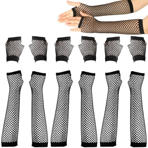 Fischnetz Handschuhe, 6 Paar Netz Mesh Handschuhe Lang und Kurz Damen Fingerlose Handschuhes Netzhandschuhe für 80er Jahre Verkleidung Kostüm Party Lieferungen Schwarz