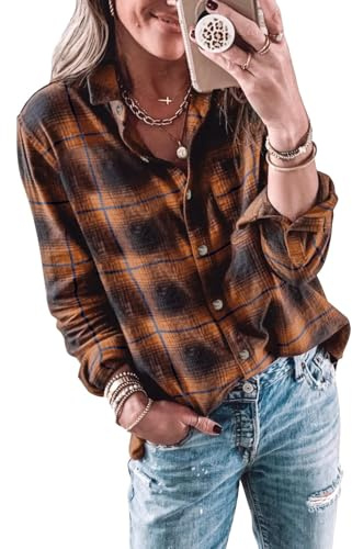 Imily Bela Bluse Damen Kariertes Longbluse Casual Langarmshirt Flanellhemd Karohemd Knöpfen Longsleeve Oberteile.