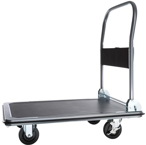 tectake® Plattformwagen 300 kg, Transportwagen klappbar, Transportroller mit Staufach, 2 Blockrollen, Rollwagen Metall, Wagen Transporter, Montagewagen, extra Befestigungsösen - schwarz, 300 kg