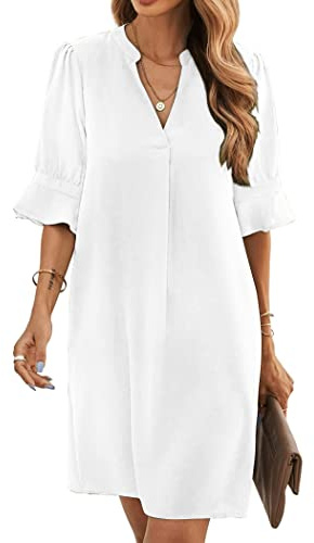 Famulily Frauen V-Ausschnitt Halbarm Hemdkleid Elegant Sommer Casual Einfarbig Kurzes Kleid S-XXL