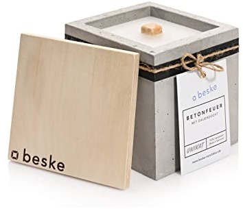 Beske-Manufaktur Design Betonfeuer, Outdoor Kerze mit Dauerdocht, 13x13x13cm, Gartenfackeln zum nachfüllen mit Kerzenwachs, Unendliche Brenndauer durch Upcycling von Wachsresten