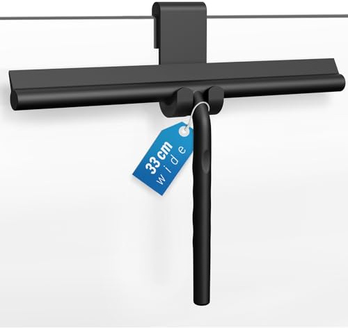 ecooe Silikon Duschabzieher 33cm Schwarz, Abzieher Dusche mit Halter, ohne Bohren Duschabzieher, Fensterabzieher mit Edelstahlkern, Badwischer für Glas, Spiegel, Fenster, Fliesen
