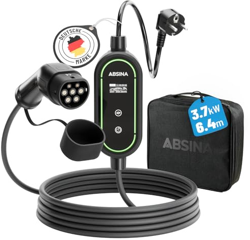 ABSINA Typ 2 Ladekabel Schuko mit Einstellbarer Ladeleistung - ICCB Ladekabel 3,7kW 16A 1 phasig IP67 mit 6,40 m Kabel - Ladekabel Schuko auf Typ 2 für i3, e-Up, ID.3, ID.4, Zoe, fortwo, Kona UVM