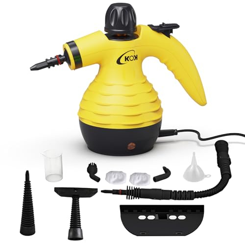 KOK Handdampfreiniger, 1050w, 3,5 bar, 350ml Wassertankkapazität Dampfreiniger Handgerät mit 9-teiligem Zubehör, Küchen, chemikalienfreier Dampfreiniger für Böden, Fliesen und Fenster (Gelb)