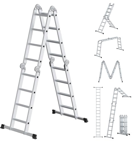 SONGMICS Leiter, Mehrzweckleiter, Trittleiter, Aluleiter, Haushaltsleiter, 4 x 4 Stufen, bis 150 kg, 16 Stufen, in 6 Positionen, 430 cm lang, silbern GLT046E01