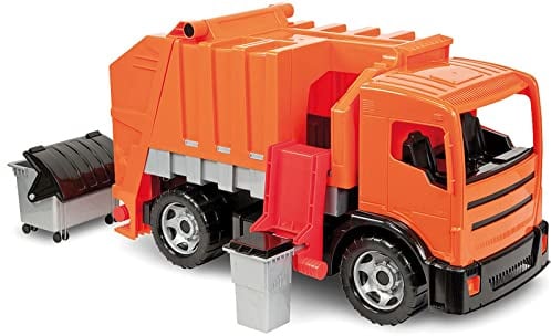 LENA 02166 Starke Riesen Müllwagen, Giga Trucks Müllfahrzeug ca. 72 cm, robuster Müll LKW mit 2 Achsen, Müllauto Funktion und 2 Mülltonnen, XXL Spielfahrzeug für Kinder ab 3 Jahre, Orange