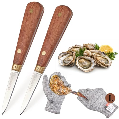 SPEENSUN Austernmesser,Austernmesser und Handschuh,2 Oyster Knife mit Premium-Holzgriff,Edelstahl Austernöffner mit Handschuhe mit Schutzstufe 5 (L) Oyster Messer