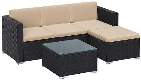 SONGMICS Gartenmöbel-Set, Balkonmöbel aus PE-Polyrattan, Terrassenmöbel, Ecksofa, Outdoor, handgeflochtenes Rattan, Lounge-Set, mit Kissen und Glastisch, schwarz-Taupe GGF005B03