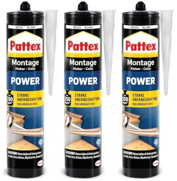 Pattex Montagekleber Power, Baukleber mit starker Anfangshaftung, Kraftkleber für saugende Materialien, Kleber für innen & außen (3er Pack)