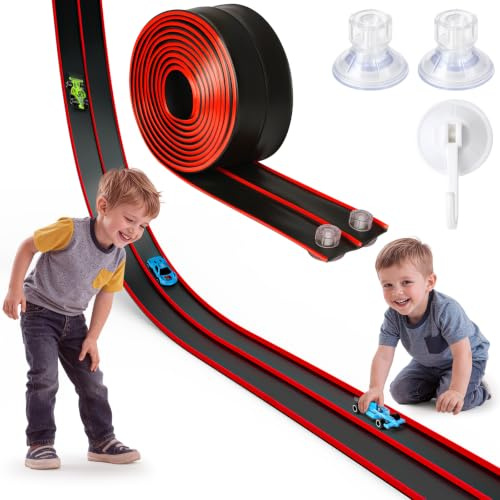Hot Bee Autorennbahn Spielzeug 4,5 m, Flexible Silikon Schiene Rot-Schwarz | Rennstrecke für Kinder ab 3 Jahre, für Fenster Und Wand, Kompatibel mit 1:64 Autos, Saugnapf Set