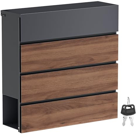 Toboli Briefkasten V63 Anthrazit und Holzdesign 410 x 130 x 370 mm, Wandbriefkasten mit Schloss, Soft Close Klappe und Zeitungsfach, Postkasten aus Stahl pulverbeschichtet