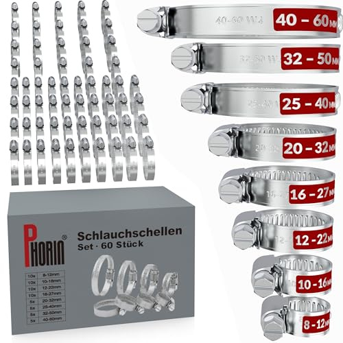 Phorin® 60x Schlauchschellen Set - 8 Größen von 8-60 mm - Extra starke Rohrschellen & Schlauchklemmen W4 V2A aus 304 Edelstahl - Ideal für Auto, Haus, Garten und mehr