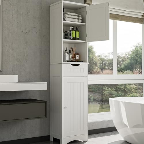 Bealife Hoher Badezimmerschrank, Aufbewahrungsschrank mit Offenem Fach, Badezimmerschrank mit Verstellbaren Einlegeböden für Bad, Wohnzimmer, Küche, Weiß, 30 x 40 x 170 cm