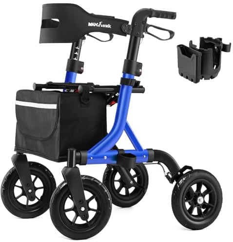 MAXWALK Rollator Faltbar und Leicht mit Sitz,25cm Reifen für All Gelände | Rollatoren Schmal für Wohnung,Integrierte Seilzugbremsung,Getränkehalter,Höhenverstellbare Aluminium Rollatoren für Senioren