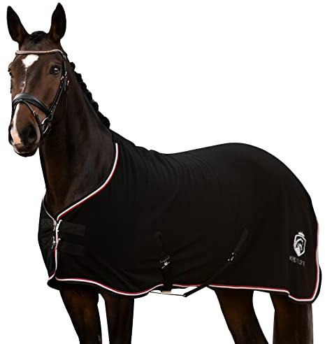 EQUILYX® Abschwitzdecke Pferd mit Kreuzgurten [perfekte Passform] Fleecedecke Stalldecke Transportdecke wärmend feuchtigkeitsabsorbierend atmungsaktiv (Schwarz, 125cm)