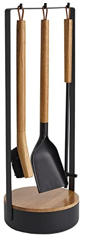 Morsø Adrian Kaminbesteck - das Original, hochwertige Designer-Kamingarnitur, 4-teiliges Kamin Set mit Schaufel, Besen und Feuerhaken & Ständer, schwarz/Holz natur