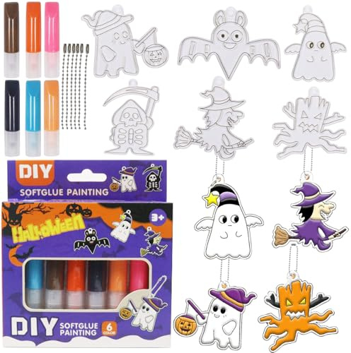 Halloween Basteln Kinder, 6 Stück Halloween Schlüsselanhänger zum Bemalen, Window Color Set Kinder, DIY Halloween Basteln Handwerk für Halloweens Mitgebsel Kinders, Karneval, Weihnachten Geschenke