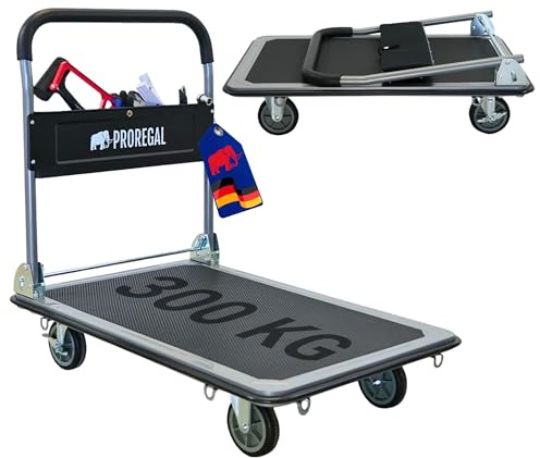 PROREGAL Profi-Plattformwagen Transportwagen Big Rhino 300kg klappbar mit Gummiräder, 360° Lenkrollen & Bockrollen mit Feststellbremse, Werkzeugtasche & 6 Sicherungsösen, Transporthilfe groß & leicht
