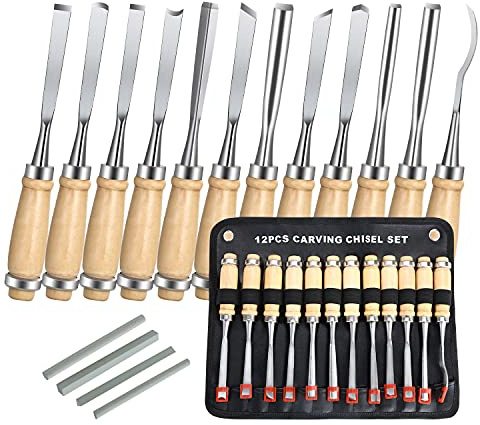 flintronic Stechbeitelsatz, 12-teilig Holzgriff & Werkzeyt, Holzmeißelset, Tranchiermesser Holzschnitzset, Für einfache Abdeck- & Malerarbeiten - Universell einsetzbar (inkl 4 Schleifsteine)