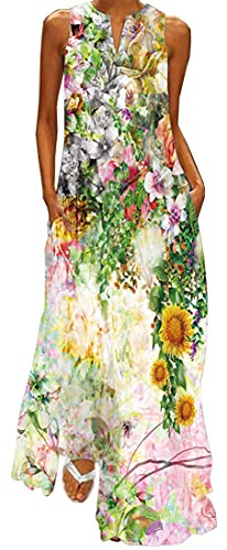 WINKEEY Damen Maxikleid Schmetterling Blumen Drucken V-Ausschnitt Böhmischer Plus Size Sommerlanges Kleid mit Taschen