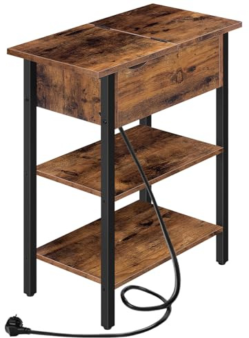 HOOBRO Beistelltisch, Flip-Top Sofatisch mit Ladestation und Ablagefläche, Schmaler Nachttisch für kleine Räume, Schlafzimmer, Wohnzimmer, Stabile, Dunkelbraun EBF342BZ01