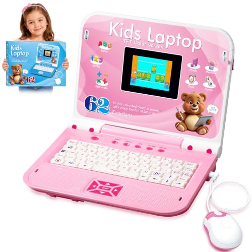 Kinderlaptop Lerncomputer Rosa Farbdisplay Maus: Englisch Lernen, 62 Aktivitäten Mathe Spiele, Pädagogisches Geschenk für Mädchen ab 5 Jahre