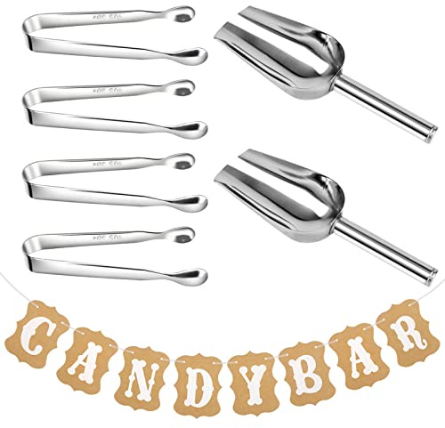 Candy Bar Zubehör, 4 Stücke Zuckerzange und 2 Stücke Eisschaufel und Candy Bar Girlande, Edelstahl Zangen Candybar Servierzange, Deko Set für Hochzeit Geburtstage Party Büfett Grill