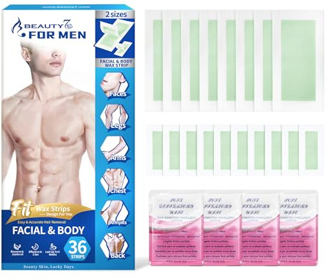 Beauty7 For Men Kaltwachsstreifen Männer Haarentfernung für den Gesicht Körper Beine Achselhöhle Geeignet für alle Hauttypen enthält 8 große Wachsstreifen 10 kleine Wachsstreifen