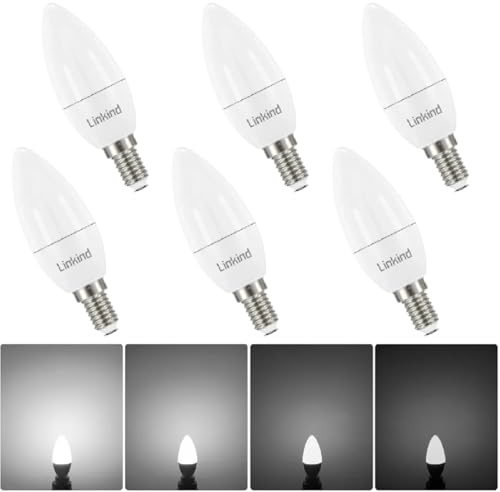 Linkind Dimmbar E14 B35 Kerzenlampe 5W, ersetzt 40 Watt, 5000K Tageslichtweiß 470lm Kerzenform E14 LED Birne, AC 220-240V, 6 Stück