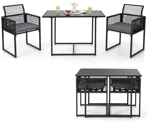 COSTWAY Gartenmöbel Set 3 Teilig, Balkonmöbel mit Gartentisch, 2 Rattan Stühlen mit klappbarer Rückenlehne inkl. Sitzkissen, Balkonset Bistroset platzsparend, Outdoor Sitzgruppe für Balkon und Garten