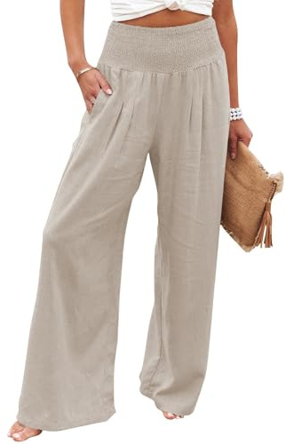 Imuedaen Leinenhose Damen Sommer Hose Casual Leinen Leicht Hosen Weites Bein Palazzo Freizeithose Hohe Taille Einfarbig Sommerhose Stoffhose mit Taschen (Khaki, L)