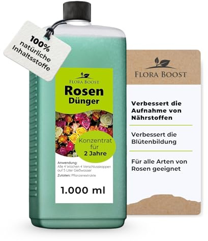 Konfitee Rosen Dünger Flora Boost 1000ml I Für bis zu 200L Gießwasser I Langzeitdünger für alle Arten von Rosen geeignet I Flüssiger Blatt- & Wurzeldünger I 100% natürlicher Pflanzendünger