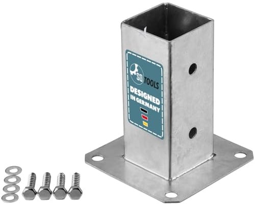 SOTOOLS Bodenhülse, 60 x 60 mm, feuerverzinkt, für Vierkantpfosten | Bodenhülse und Pfostenträger mit Bodenplatte zum Aufschrauben.