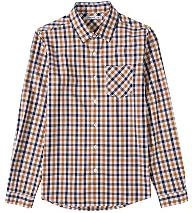 Tronjori Jungen Baumwolle Plaid Knopf unten Langarmshirts mit Brusttasche(8,Biscuit Navy)