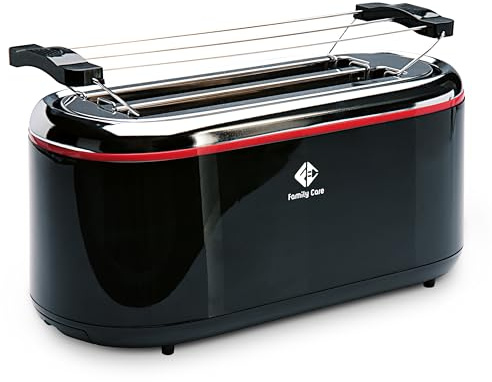 Family Care Toaster 4 Scheiben mit Brötchenaufsatz - Langschlitztoaster 4 Scheiben, 1300 W, 3 Funktionen, Ständer, 7 Röststufen, Edelstahlgehäuse, Krümelschublade