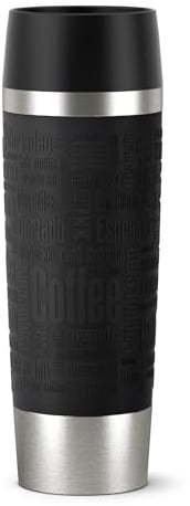 EMSA Travel Mug, Grande Thermobecher, 0,50 L Fassungsvermögen, Doppelwandige Vakuumisolierung, 6 Stunden Heiß, 12 Stunden Kalt, 360° Trinken, Soft-Touch Silikonhülle, Edelstahl, Black, 515615