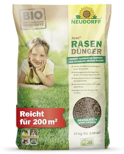 Neudorff Azet RasenDünger – Bio Rasendünger für 200 m² sorgt für eine dichte, grüne und strapazierfähige Rasenfläche mit 6 Monaten Langzeitwirkung, 10 kg