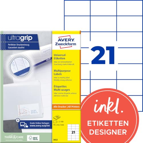 AVERY Zweckform 3652 Adressaufkleber (2.100 Klebeetiketten, 70x42,3mm auf A4, Papier matt, bedruckbare Absenderetiketten, selbstklebende Adressetiketten mit ultragrip) 100 Blatt, weiß