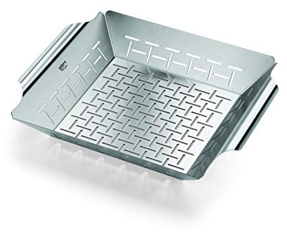 Weber Deluxe Grillkorb - Groß (35 x 30cm), Hitzebeständige & spülmaschinenfeste BBQ Grillschale aus Edelstahl, Ideal für Beilagen (Fleisch, Gemüse), für alle Grilltypen geeignet - Silber (6434)