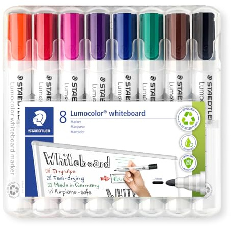 STAEDTLER Whiteboard-Marker Lumocolor, trocken und rückstandsfrei abwischbar von Whiteboards, ca. 2 mm Linienbreite, hohe Qualität, Rundspitze, Set mit 8 Farben, 351 WP8