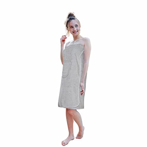 Carenesse Saunakilt Damen 80 x 140 cm grau I Saunatuch 100% Baumwolle Öko-Tex 100 I Weiches OneSize Saunakleid Flexibler Gummibund & 5-Fach Knopfleiste I Sauna Kilt mit aufgesetzter Tasche