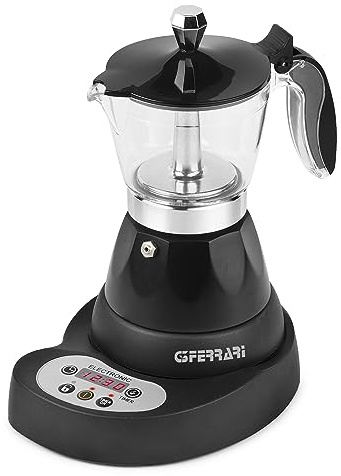 G3 Ferrari G10045 Elektrische programmierbare Moka-Kaffeemaschine für Pulverkaffee, 400 W, 3 Tassen, LED-Display, elektronische Steuerung, Timer, Warmhaltefunktion, Aluminium, Schwarz
