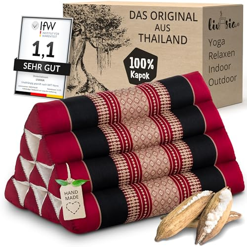 livasia Rückenstützkissen mit Muster - 30x50x30cm - Dreieckskissen für den Garten, Keilkissen mit Kapok, vegan und handgefertigt, Meditationskissen (Rot/Schwarz)