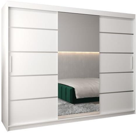 MEBLE KRYSPOL Kleiderschrank mit Spiegel Verona 2 - Garderobenschrank - Schrank Schlafzimmer - Mehrzweckschrank DREI Schiebetüren - Regalen - Flur Möbel - Kleiderstange Schrank - Allzweckschrank