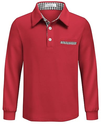 Arshiner Jungen Langarmshirt Weich Elastisch Polo T‑Shirt Jungen mit Brusttasche für Schule Freizeit Party Kinder Oberteile Tops Rot 9-10 Jahre