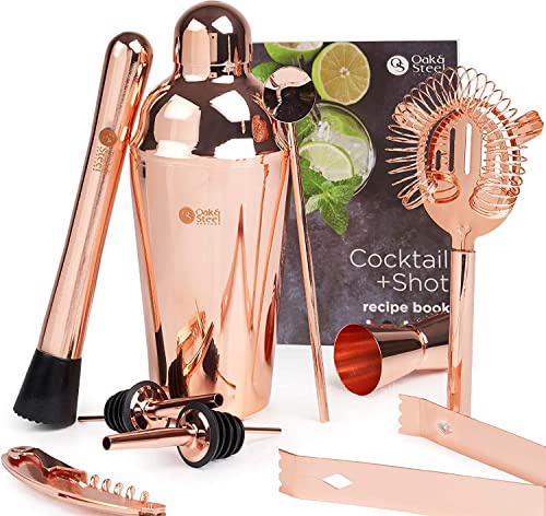 Oak & Steel 10-Teiliges Komplettes Professionelles Cocktail Shaker Geschenkset aus Edelstahl mit Cocktail & Shot Rezeptbuch - Barzubehör Cocktailmixer Set (Roségold)