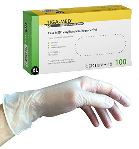 TIGA-MED Vinylhandschuhe Größe XL, 1.000 Stück (10 × 100) – Puderfreie transparente Einmalhandschuhe ohne Naturkautschuklatex, lebensmittelgeeignet, EN 455