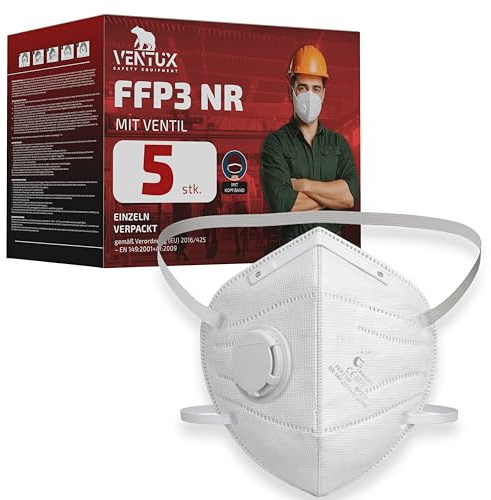 VENTUX SAFETY EQUIPMENT 5 Stück FFP3 Maske mit Ventil - CE Zertifiziert - Hochwertiger Atemschutz mit Hoher Filtration - Komfortabel und Ergonomisch - Ideal für Baustelle und Industrie
